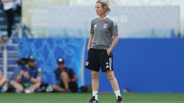 TURIN, ITALY - MAY 20: Sonia Bompastor, Head Coach of Olympique Lyonnais looks on as their side warms up at Juventus Stadium on May 20, 2022 in Turin, Italy. Olympique Lyonnais will face FC Barcelona in the UEFA Women's Champions League final on May
