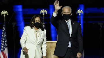 President-elect Joe Biden and Vice President-elect Kamala Harris deliver remarks in Wilmington, Delaware, on November 7, 2020.