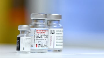 FILE PHOTO: Vials of coronavirus disease (COVID-19) vaccines of Pfizer-BioNTech, Moderna and AstraZeneca are pictured at St. Mary's Hospital, in Phoenix Park in Dublin, Ireland, February 14, 2021. REUTERS/Clodagh Kilcoyne/File Photo