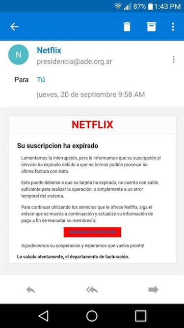 Cuidado con este falso email de Netflix, nueva estafa para robar datos bancarios