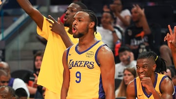 Jul 6, 2024; San Francisco, CA, USA; Los Angeles Lakers guard Bronny James Jr. (9) celebrates from the bench during the third quarter against the Sacramento Kings at Chase Center. Mandatory Credit: Kelley L Cox-USA TODAY Sports