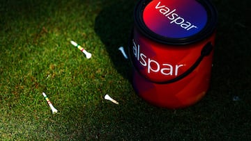 A Valspar paint can is seen during the first round of the Valspar Championship at Copperhead Course at Innisbrook Resort and Golf Club.