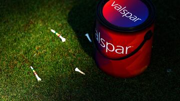 A Valspar paint can is seen during the first round of the Valspar Championship at Copperhead Course at Innisbrook Resort and Golf Club.