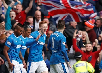 Soccer Football - Scottish Premiership - Rangers vs Celtic - Ibrox, Glasgow, Britain - March 11, 2018   Rangers’ Josh Windasscelebrates scoring their first goal with team mates    REUTERS/Russell Cheyne