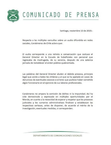Carabineros confirma veracidad del audio filtrado del general Rozas