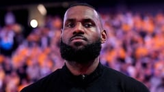 SAN FRANCISCO, CALIFORNIA - MAY 10: LeBron James #6 of the Los Angeles Lakers looks on during the national anthem prior to facing the Golden State Warriors in game five of the Western Conference Semifinal Playoffs at Chase Center on May 10, 2023 in San Francisco, California. NOTE TO USER: User expressly acknowledges and agrees that, by downloading and or using this photograph, User is consenting to the terms and conditions of the Getty Images License Agreement.   Thearon W. Henderson/Getty Images/AFP (Photo by Thearon W. Henderson / GETTY IMAGES NORTH AMERICA / Getty Images via AFP)