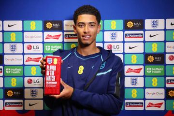 Jude Bellingham poses for a picture with his Player of the Match Award after the UEFA Nations League League A Group 3 match between England and Germany.