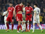 Nottingham Forest's Serbian defender #31 Nikola Milenkovic reacts after the English Premier League football match between Leeds United and Nottingham Forest at Elland Road in Leeds, northern England on February 06, 2026. (Photo by Darren Staples / AFP) / RESTRICTED TO EDITORIAL USE. No use with unauthorized audio, video, data, fixture lists, club/league logos or 'live' services. Online in-match use limited to 120 images. An additional 40 images may be used in extra time. No video emulation. Social media in-match use limited to 120 images. An additional 40 images may be used in extra time. No use in betting publications, games or single club/league/player publications. /