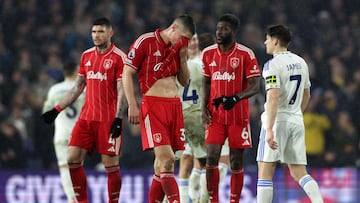 Nottingham Forest's Serbian defender #31 Nikola Milenkovic reacts after the English Premier League football match between Leeds United and Nottingham Forest at Elland Road in Leeds, northern England on February 06, 2026. (Photo by Darren Staples / AFP) / RESTRICTED TO EDITORIAL USE. No use with unauthorized audio, video, data, fixture lists, club/league logos or 'live' services. Online in-match use limited to 120 images. An additional 40 images may be used in extra time. No video emulation. Social media in-match use limited to 120 images. An additional 40 images may be used in extra time. No use in betting publications, games or single club/league/player publications. /