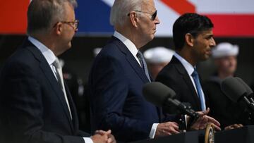 SAN DIEGO, CA - MARCH 13: U.S. President Joe Biden delivers remarks on Australia â United Kingdom â United States (AUKUS) Partnership as Prime Minister Rishi Sunak of the United Kingdom and Prime Minister Anthony Albanese of Australia participate at Naval Base Point Loma in San Diego, California, United States on March, 13, 2023. (Photo by Tayfun Coskun/Anadolu Agency via Getty Images)