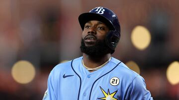 BALTIMORE, MARYLAND - SEPTEMBER 15: Randy Arozarena #21 of the Tampa Bay Rays reacts after being called out at first base as he wears the number of Roberto Clemente against the Baltimore Orioles during the first inning at Oriole Park at Camden Yards on September 15, 2023 in Baltimore, Maryland.   Patrick Smith/Getty Images/AFP (Photo by Patrick Smith / GETTY IMAGES NORTH AMERICA / Getty Images via AFP)