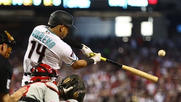 Arizona Diamondbacks catcher Gabriel Moreno (14) hits a double against the Philadelphia Phillies in the eighth inning