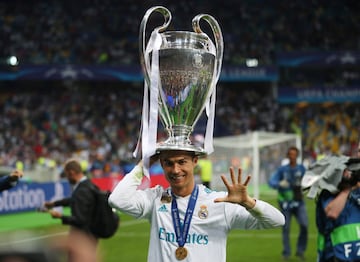 Soccer Football - Champions League Final - Real Madrid v Liverpool - NSC Olympic Stadium, Kiev, Ukraine - May 26, 2018   Real Madrid's Cristiano Ronaldo gestures as he celebrates winning the Champions League with the trophy   REUTERS/Hannah McKay