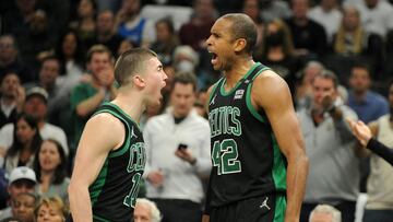 May 9, 2022; Milwaukee, Wisconsin, USA; Boston Celtics center Al Horford (42), right yells out after being fouled along with Boston Celtics guard Payton Pritchard (11) in the second half during game four of the second round for the 2022 NBA playoffs at Fiserv Forum. Mandatory Credit: Michael McLoone-USA TODAY Sports
