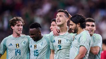 Cesar Montes celebrates his goal 0-2 with Raul Jimenez of Mexico during the match Suriname and Mexico Mexican National Team as part to 2025 Concacaf Gold Cup Group A, at AT-T Stadium, on June 18, 2025 on Arlington, Texas, United States.