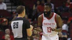 HOUSTON, TX - OCTOBER 05: James Harden #13 of Houston Rockets reacts to a call by Mark Lindsay #29 in the first half against the Shanghai Sharks at Toyota Center on October 5, 2017 in Houston, Texas. NOTE TO USER: User expressly acknowledges and agrees that, by downloading and or using this Photograph, user is consenting to the terms and conditions of the Getty Images License Agreement.   Tim Warner/Getty Images/AFP
 == FOR NEWSPAPERS, INTERNET, TELCOS &amp; TELEVISION USE ONLY ==