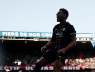 Soccer Football - Ligue 1 - Paris St Germain v FC Nantes - Parc des Princes, Paris, France - April 22, 2026 Paris St Germain's Desire Doue celebrates scoring their second goal REUTERS/Benoit Tessier