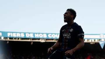 Soccer Football - Ligue 1 - Paris St Germain v FC Nantes - Parc des Princes, Paris, France - April 22, 2026 Paris St Germain's Desire Doue celebrates scoring their second goal REUTERS/Benoit Tessier
