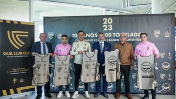 Pedro Posada, Fran Beltr¨¢n, Carlos Carvalhal, Carlos Mouri?o, Iv¨¢n Mart¨ªnez (presidente del Banco de Alimentos) y Franco Cervi posa en la presentaci¨®n de la campa?a '100 anos - 100 toneladas'.