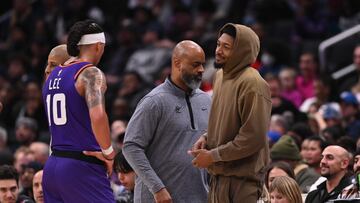 Dec 28, 2022; Washington, District of Columbia, USA; Washington Wizards guard Bradley Beal speaks with Phoenix Suns guard Damion Lee (10) during the second half at Capital One Arena. Mandatory Credit: Tommy Gilligan-USA TODAY Sports