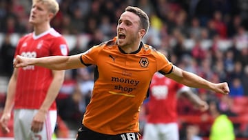 Diogo Jota celebra un gol con el Wolverhampton. 