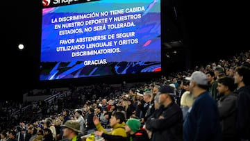 SAN DIEGO, CALIFORNIA - MARCH 15: A general view of an anti-discrimination announcement on the video board during the second half of the game between the San Diego FC and the Columbus Crew at Snapdragon Stadium on March 15, 2025 in San Diego, California. Orlando Ramirez/Getty Images/AFP (Photo by Orlando Ramirez / GETTY IMAGES NORTH AMERICA / Getty Images via AFP)
