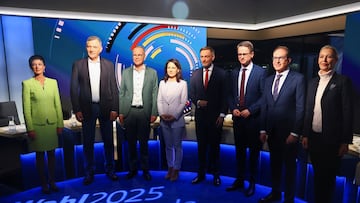 Carsten Linnemann, general secretary of Christian Democratic Union (CDU) party, Social Democratic Party (SPD) General Secretary Matthias Miersch, German Foreign Minister Annalena Baerbock of the Greens party, Free Democratic Party (FDP) leader Christian Lindner, Co-leader of the German left-wing party The Left (Die Linke) Jan van Aken, Alexander Dobrindt of the Christian Social Union (CSU), Alternative for Germany (AfD) party co-leader Alice Weidel and Sahra Wagenknecht, leader of Germany's Sahra Wagenknecht Alliance party (BSW), pose ahead of a TV duel before the general election in Berlin, Germany, February 20, 2025. REUTERS/Fabrizio Bensch/Pool