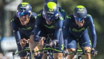 El equipo Movistar, en pleno esfuerzo durante la contrarreloj del Mundial. La recompensa fue el bronce.