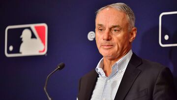 ORLANDO, FLORIDA - FEBRUARY 10: Major League Baseball Commissioner Rob Manfred answers questions during an MLB owner&#039;s meeting at the Waldorf Astoria on February 10, 2022 in Orlando, Florida. Manfred addressed the ongoing lockout of players, which ow