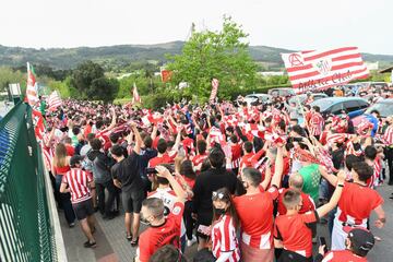 Athletic Club fans gather to wave the team bus off from Bilbao as it travels down to Seville for the Copa del Rey final.