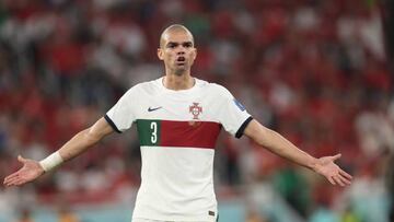 DOHA, QATAR - DECEMBER 10: Pepe of Portugal during the FIFA World Cup Qatar 2022 quarter final match between Morocco and Portugal at Al Thumama Stadium on December 10, 2022 in Doha, Qatar. (Photo by Matthew Ashton - AMA/Getty Images)