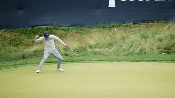 BROOKLINE, MASSACHUSETTS - JUNE 19: Matt Fitzpatrick of England celebrates making a long putt for birdie on the 13th green during the final round of the 122nd U.S. Open Championship at The Country Club on June 19, 2022 in Brookline, Massachusetts.   Jared C. Tilton/Getty Images/AFP
== FOR NEWSPAPERS, INTERNET, TELCOS & TELEVISION USE ONLY ==