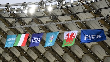 ROME, ITALY - JUNE 20: A general view inside the stadium as the flags of Italy and Wales are seen alongside the flags of UEFA and FIFA prior to the UEFA Euro 2020 Championship Group A match between Italy and Wales at Olimpico Stadium on June 20, 2021 in R