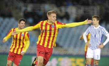 The Segunda B side celebrate after beating Real Sociedad 3-2 in the Copa del Rey.