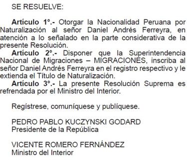 Daniel Ferreyra ya es peruano