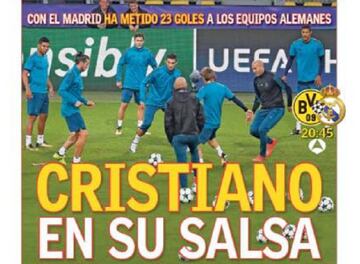 "Cristiano in his element" reads Tuesday's AS front page ahead of Real Madrid's Champions League clash at Borussia Dortmund.