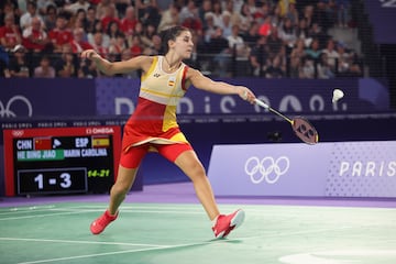Carolina Marín durante el partido de semifinales ante la china Bing Jiao.
