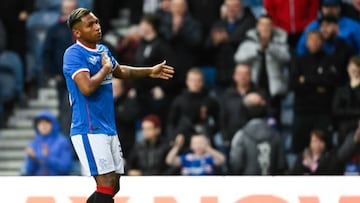 GLASGOW, SCOTLAND - OCTOBER 29: Rangers' Alfredo Morelos celebrates making it 4-1 during a cinch Premiership match between Rangers and Aberdeen at Ibrox Stadium, on October 29, 2022, in Glasgow, Scotland. (Photo by Rob Casey/SNS Group via Getty Images)