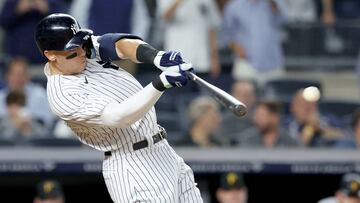 New York Yankees right fielder Aaron Judge hits a ground rule double against the Pittsburgh Pirates during the fifth inning at Yankee Stadium.