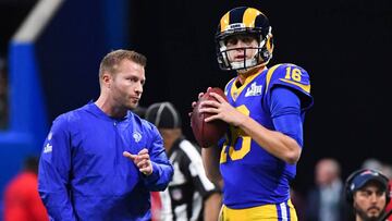 Feb 3, 2019; Atlanta, GA, USA; Los Angeles Rams head coach Sean McVay and quarterback Jared Goff (16) speak during warm-ups before Super Bowl LIII against the New England Patriots at Mercedes-Benz Stadium. Mandatory Credit: Robert Deutsch-USA TODAY Sports