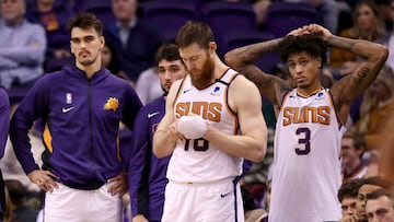 PHOENIX, ARIZONA - JANUARY 07: (L-R) Dario Saric #20, Jalen Lecque #0, Aron Baynes #46 and Kelly Oubre Jr. #3 of the Phoenix Suns react on the bench during the second half the NBA game against the Sacramento Kings at Talking Stick Resort Arena on January 07, 2020 in Phoenix, Arizona. The Kings defeated the Suns 114-103. NOTE TO USER: User expressly acknowledges and agrees that, by downloading and or using this photograph, user is consenting to the terms and conditions of the Getty Images License Agreement. Mandatory Copyright Notice: Copyright 2020 NBAE.   Christian Petersen/Getty Images/AFP
 == FOR NEWSPAPERS, INTERNET, TELCOS &amp; TELEVISION USE ONLY ==