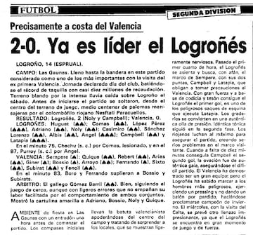 Crónica del Diario AS del partido Logroñés-Valencia del 14 de diciembre de 1986.