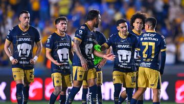 Rogelio FUnes Mori, Pablo Monroy, Nathanael Ananias, Leonardo Suarez, Piero Quispe pf Pumas during the 17th round match between Tigres UANL and Pumas UNAM as part of the Liga BBVA MX, Torneo Clausura 2025 at Universitario Stadium, on April 19, 2025 in Universitario, Mexico.