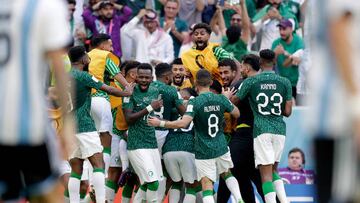 LUSAIL, QATAR - NOVEMBER 22: Salem Al Dawsari of Saudi Arabia celebrates 1-1 during the  World Cup match between Argentina  v Saudi Arabia at the Lusail Stadium on November 22, 2022 in Lusail Qatar (Photo by David S. Bustamante/Soccrates/Getty Images)