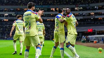       Julian Quinones celebrates his goal 1-0 of America during the 8th round match between America and Cruz Azul as part of the Torneo Clausura 2024 Liga BBVA MX at Azteca Stadium on February 24, 2024 in Mexico City, Mexico.