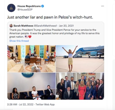 House GOP Twitter account deletes tweet attacking Sarah Matthews who testified before the January 6th committee