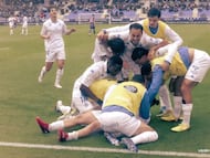 Quagliata celebra el gol de Luismi, al que asistió.