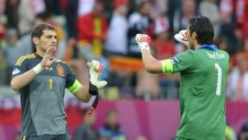 Casillas y Buffon se saludaron al t&eacute;rmino del primer partido que jugaron en esta Eurocopa Espa&ntilde;a e Italia.