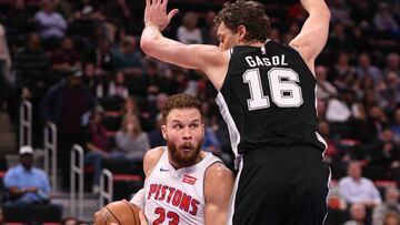 Jan 7, 2019; Detroit, MI, USA; Detroit Pistons forward Blake Griffin (23) drives to the basket against San Antonio Spurs center Pau Gasol (16) during the first quarter at Little Caesars Arena. Mandatory Credit: Tim Fuller-USA TODAY Sports
