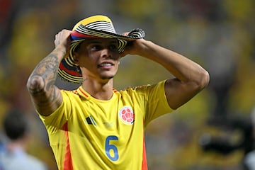 Colombia's midfielder #06 Richard Rios celebrates his team's victory in the Conmebol 2024 Copa America tournament semi-final football match between Uruguay and Colombia at Bank of America Stadium, in Charlotte, North Caroline on July 10, 2024. (Photo by Chandan Khanna / AFP)